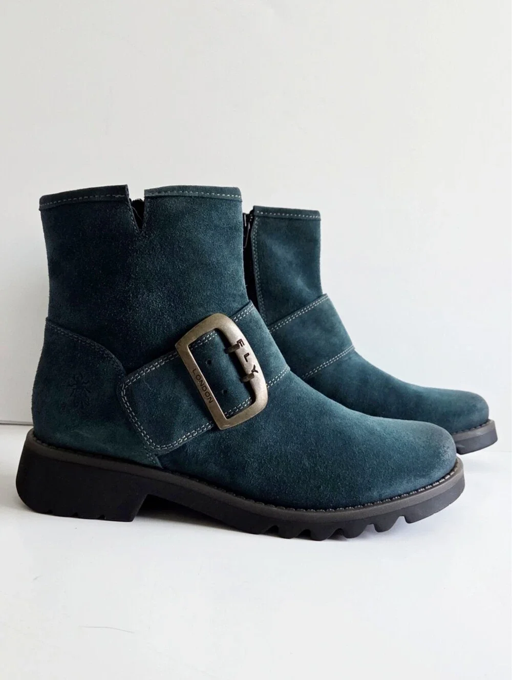 NWOT Fly London Rily Bootie "Oil Suede Petrol" / Teal, Big Buckle Sz 40, 9-9.5 - Picture 15 of 15